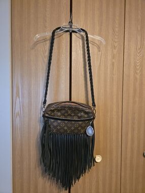 Vintage Boho Bag Monogram Fringe Crossbody with Black Strap